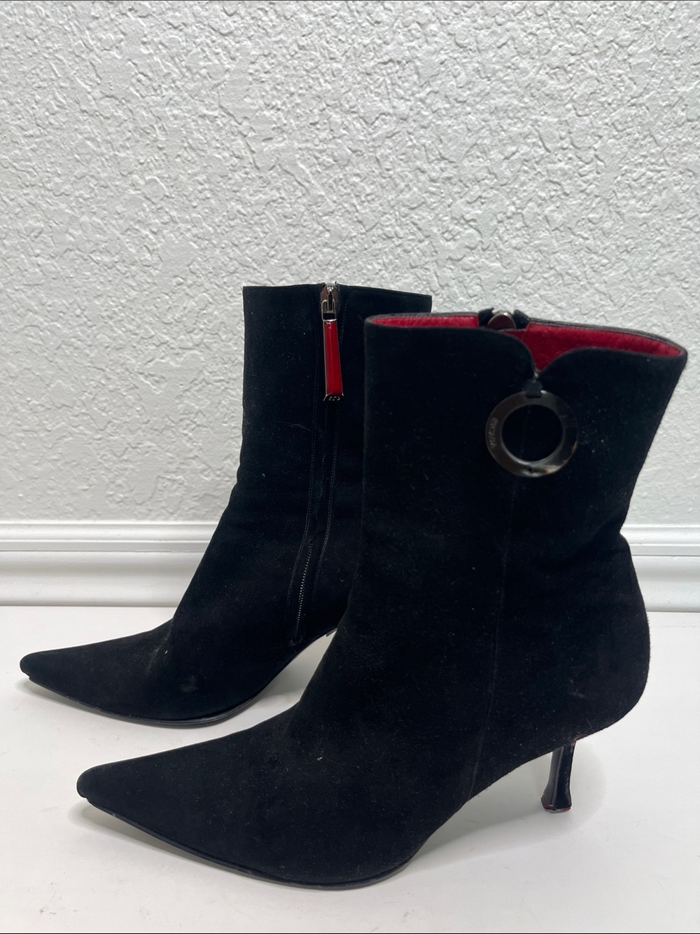 Escada Idana Suede Leather Ankle Bootie Heels in Black
